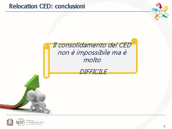 Relocation CED: conclusioni Il consolidamento dei CED non è impossibile ma è molto DIFFICILE Relocation CED: conclusioni Il consolidamento dei CED non è impossibile ma è molto DIFFICILE