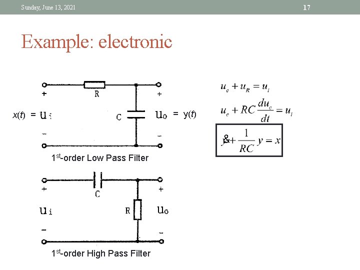 17 Sunday, June 13, 2021 Example: electronic = y(t) x(t) = 1 st-order Low 17 Sunday, June 13, 2021 Example: electronic = y(t) x(t) = 1 st-order Low