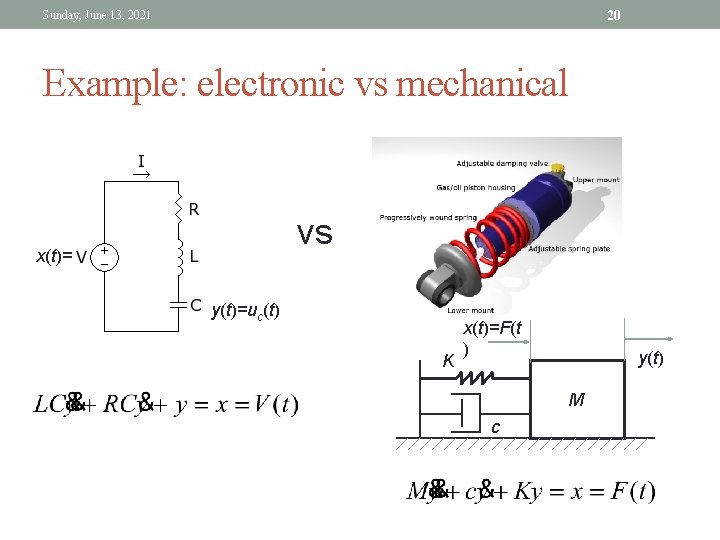 20 Sunday, June 13, 2021 Example: electronic vs mechanical vs x(t)= y(t)=uc(t) K x(t)=F(t 20 Sunday, June 13, 2021 Example: electronic vs mechanical vs x(t)= y(t)=uc(t) K x(t)=F(t