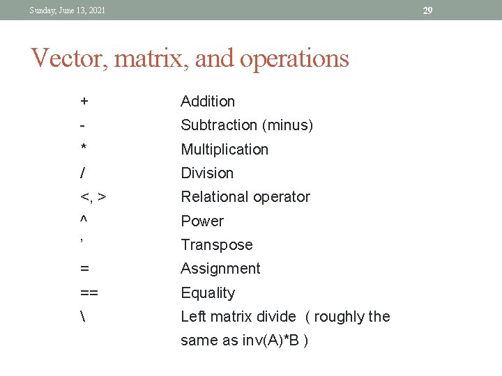 29 Sunday, June 13, 2021 Vector, matrix, and operations + Addition - Subtraction (minus) 29 Sunday, June 13, 2021 Vector, matrix, and operations + Addition - Subtraction (minus)
