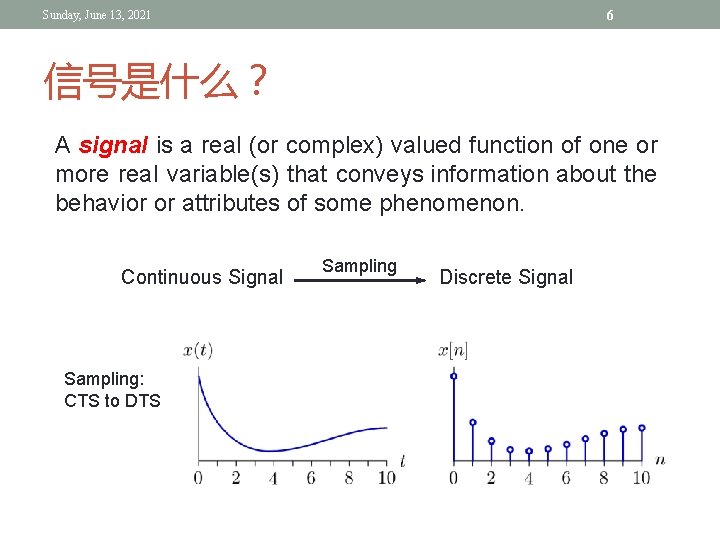 6 Sunday, June 13, 2021 信号是什么? A signal is a real (or complex) valued 6 Sunday, June 13, 2021 信号是什么? A signal is a real (or complex) valued