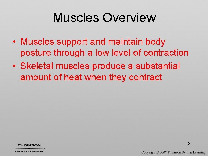 Muscles Overview • Muscles support and maintain body posture through a low level of