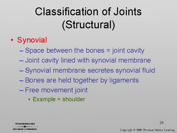 Classification of Joints (Structural) • Synovial – Space between the bones = joint cavity