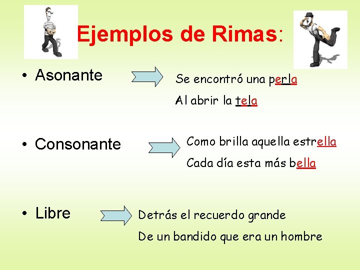 Ejemplos de Rimas: • Asonante Se encontró una perla Al abrir la tela •