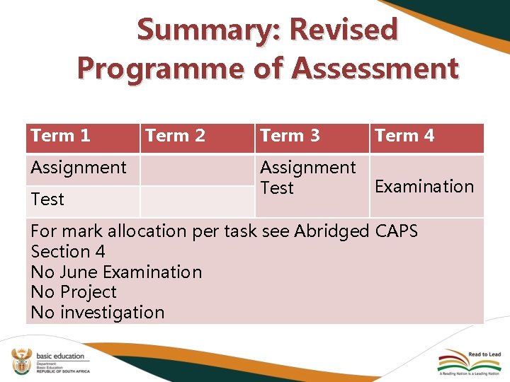 Summary: Revised Programme of Assessment Term 1 Assignment Test Term 2 Term 3 Term