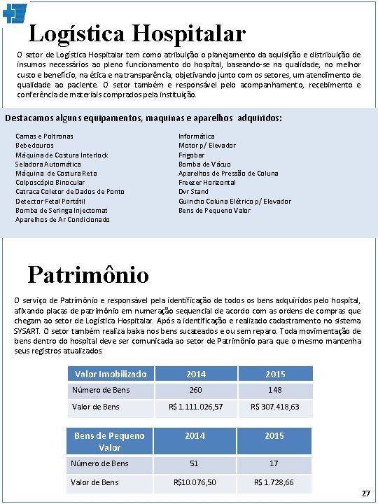 Logística Hospitalar O setor de Logística Hospitalar tem como atribuição o planejamento da aquisição