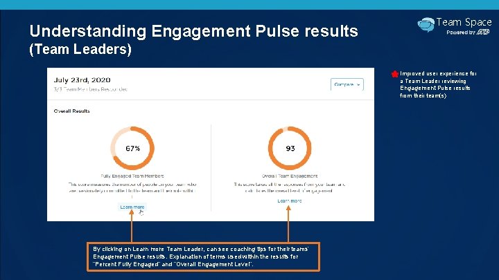 Understanding Engagement Pulse results Team Space (Team Leaders) Improved user experience for a Team