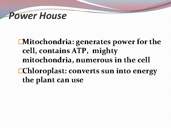 Power House �Mitochondria: generates power for the cell, contains ATP, mighty mitochondria, numerous in