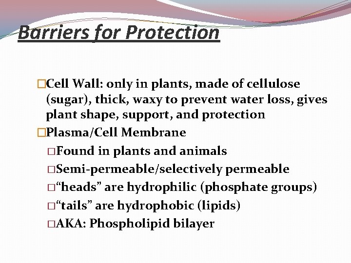 Barriers for Protection �Cell Wall: only in plants, made of cellulose (sugar), thick, waxy