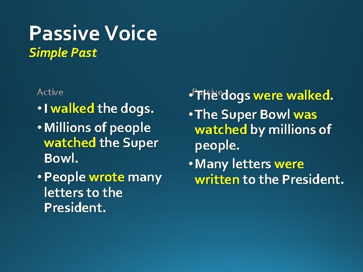 Passive Voice Simple Past Active • I walked the dogs. • Millions of people