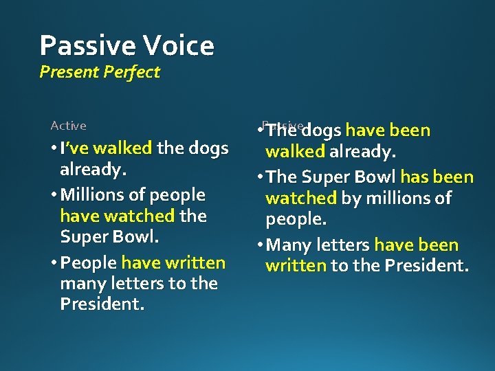 Passive Voice Present Perfect Active • I’ve walked the dogs already. • Millions of