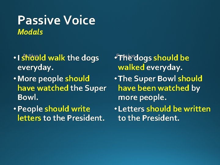 Passive Voice Modals Active • I should walk the dogs • Passive The dogs