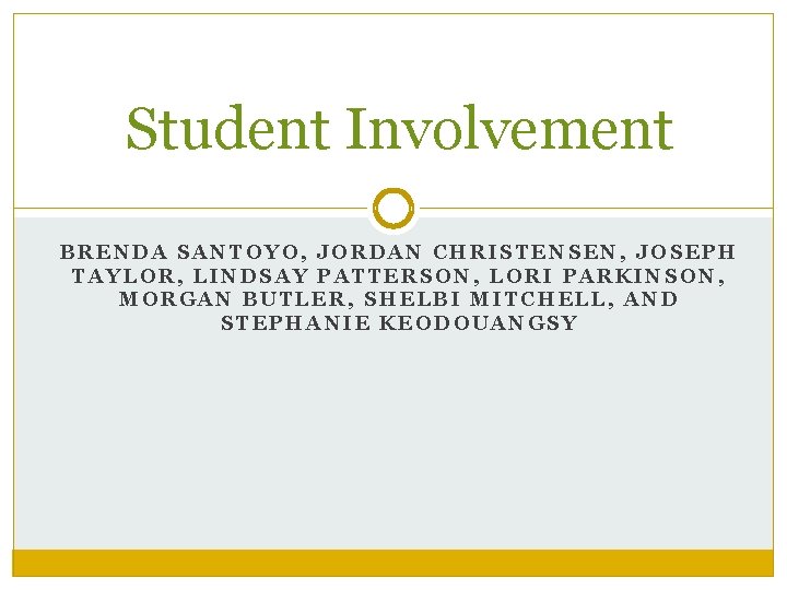 Student Involvement BRENDA SANTOYO, JORDAN CHRISTENSEN, JOSEPH TAYLOR, LINDSAY PATTERSON, LORI PARKINSON, MORGAN BUTLER,