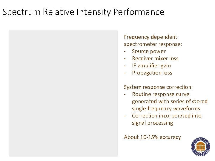 Spectrum Relative Intensity Performance Frequency dependent spectrometer response: - Source power - Receiver mixer