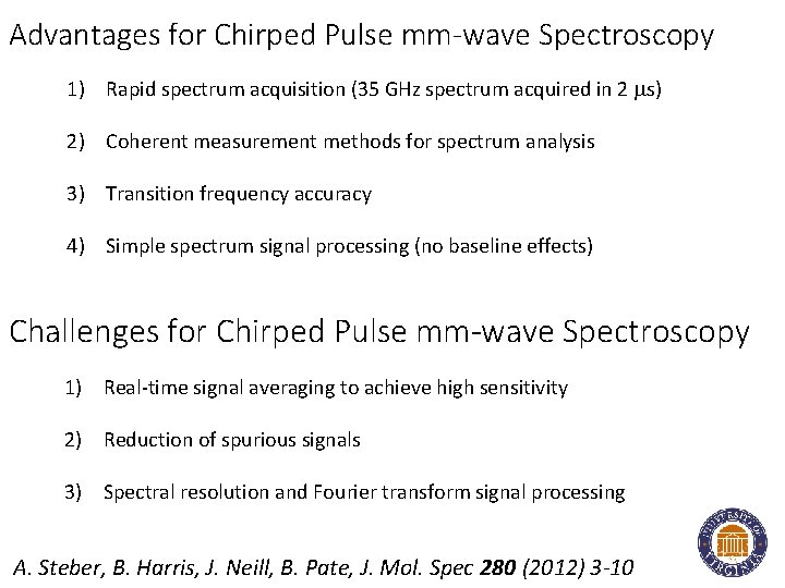 Advantages for Chirped Pulse mm-wave Spectroscopy 1) Rapid spectrum acquisition (35 GHz spectrum acquired