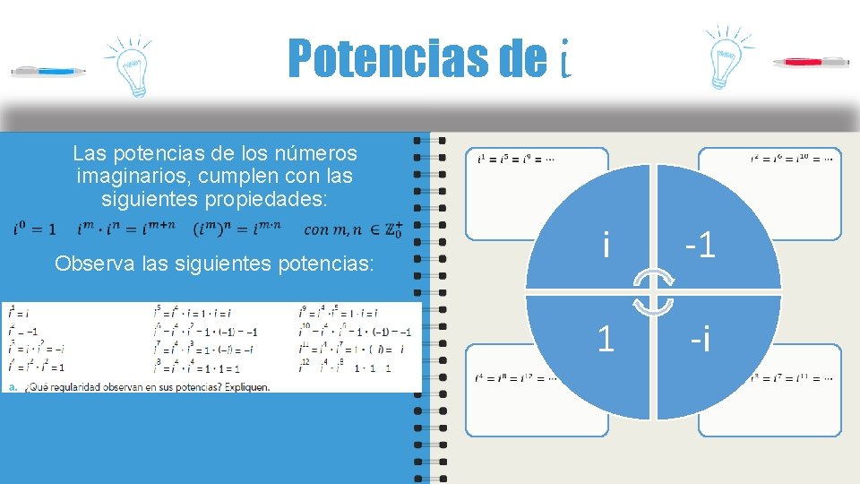 Potencias de i Las potencias de los números imaginarios, cumplen con las siguientes propiedades: