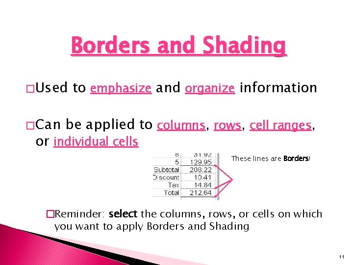 Borders and Shading � Used � Can to emphasize and organize information be applied