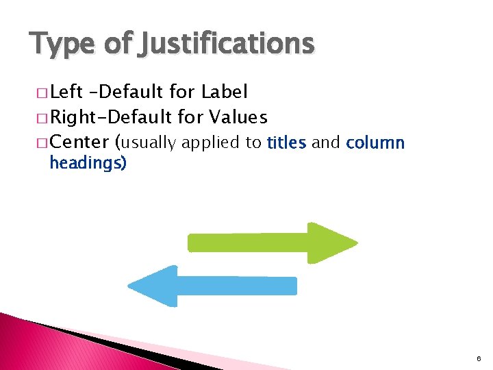 Type of Justifications � Left –Default for Label � Right-Default for Values � Center