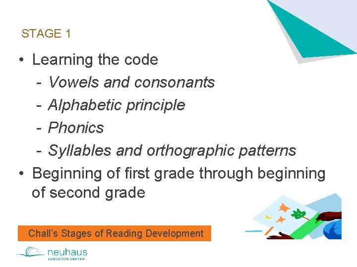 STAGE 1 • Learning the code - Vowels and consonants - Alphabetic principle -