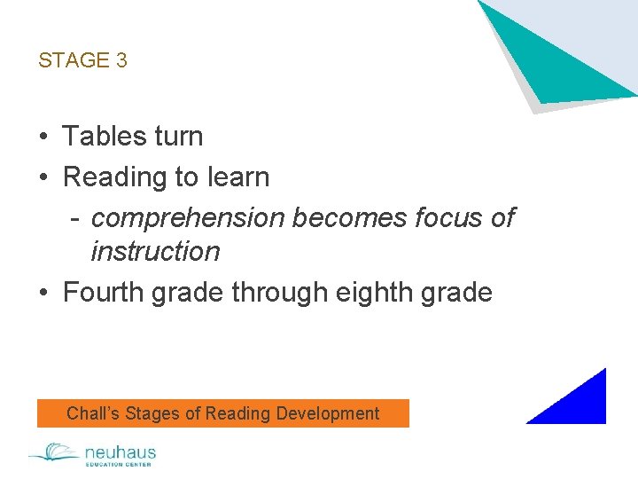 STAGE 3 • Tables turn • Reading to learn - comprehension becomes focus of