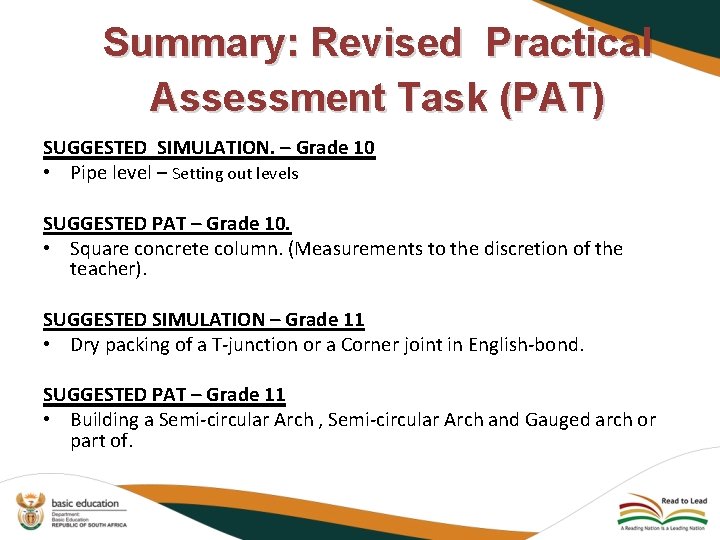 Summary: Revised Practical Assessment Task (PAT) SUGGESTED SIMULATION. – Grade 10 • Pipe level Summary: Revised Practical Assessment Task (PAT) SUGGESTED SIMULATION. – Grade 10 • Pipe level