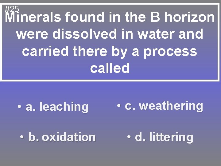 #25 Minerals found in the B horizon were dissolved in water and carried there