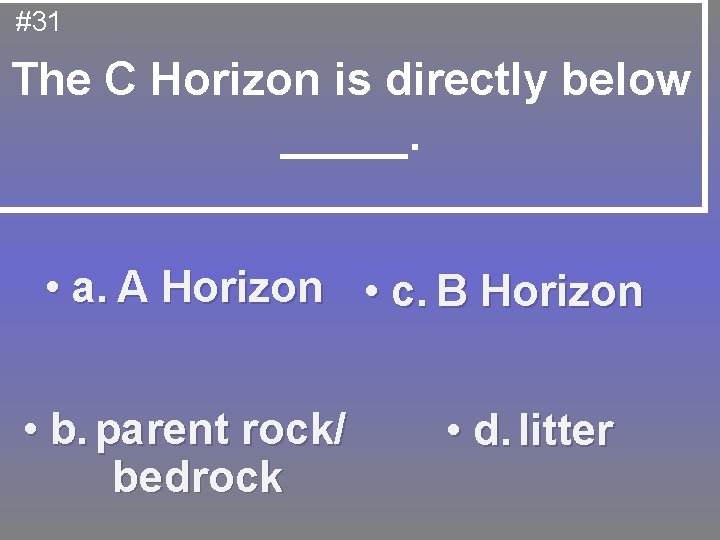 #31 The C Horizon is directly below _____. • a. A Horizon • c.