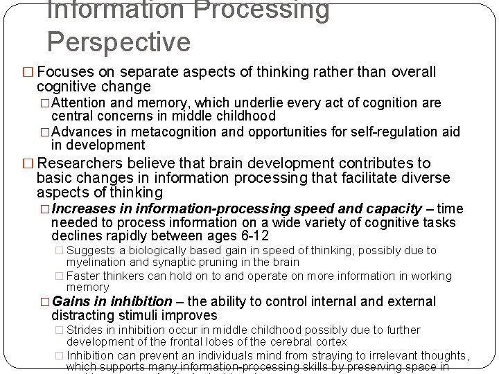 Information Processing Perspective � Focuses on separate aspects of thinking rather than overall cognitive