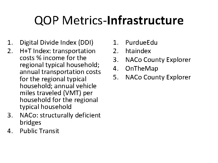 QOP Metrics-Infrastructure 1. Digital Divide Index (DDI) 2. H+T Index: transportation costs % income
