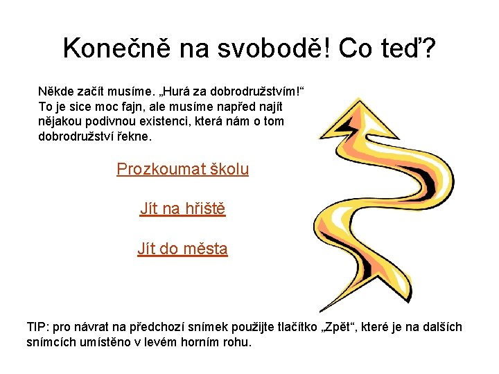 Konečně na svobodě! Co teď? Někde začít musíme. „Hurá za dobrodružstvím!“ To je sice