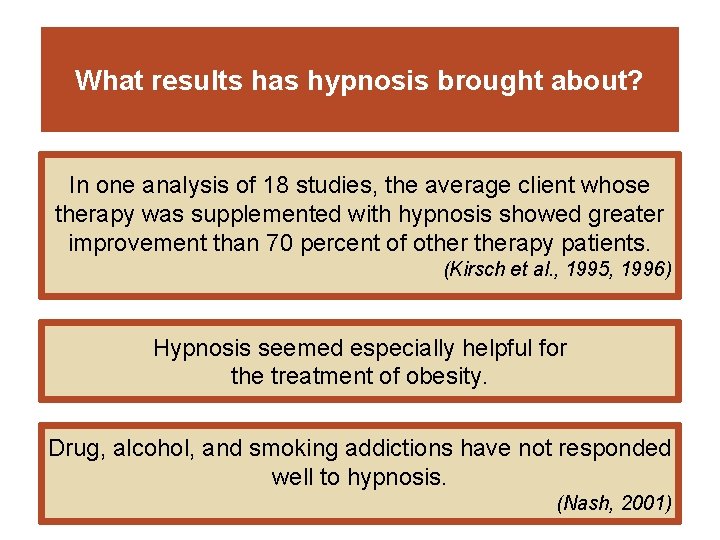 What results has hypnosis brought about? In one analysis of 18 studies, the average