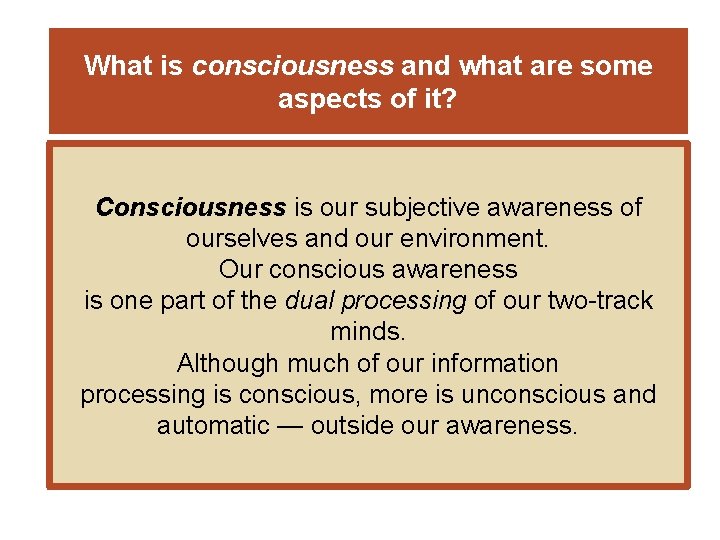 What is consciousness and what are some aspects of it? Consciousness is our subjective