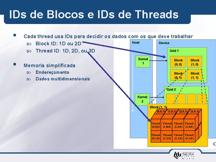 IDs de Blocos e IDs de Threads § Cada thread usa IDs para decidir