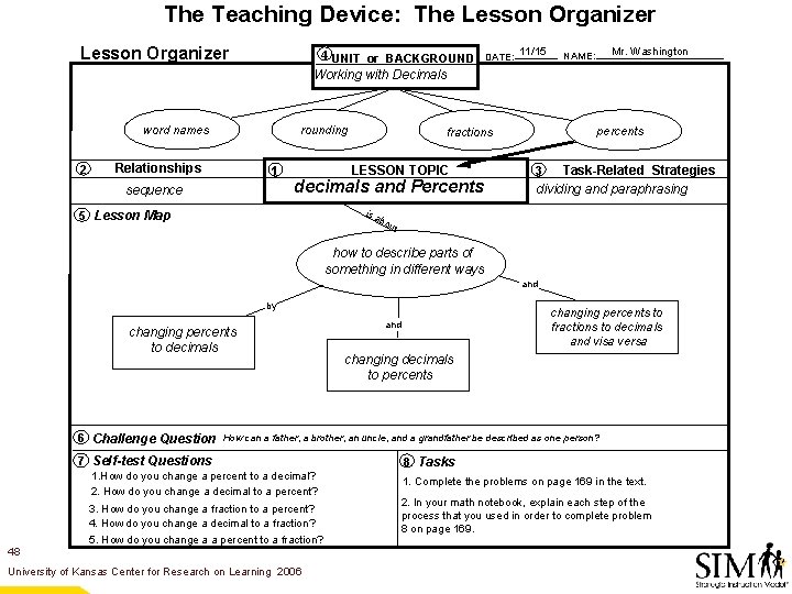 The Teaching Device: The Lesson Organizer 4 UNIT or BACKGROUND DATE: 11/15 Mr. Washington