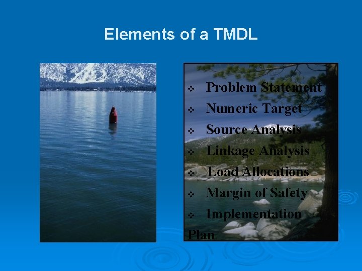 Elements of a TMDL v Problem Statement v Numeric Target Source Analysis v Linkage