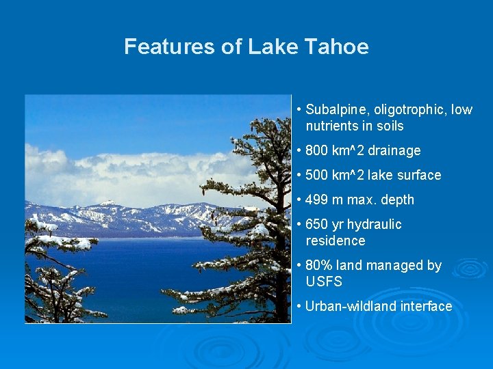 Features of Lake Tahoe • Subalpine, oligotrophic, low nutrients in soils • 800 km^2