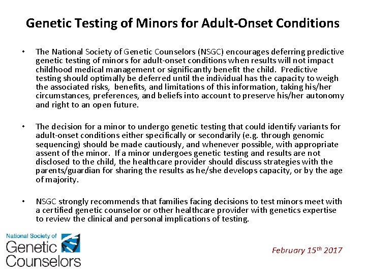Genetic Testing of Minors for Adult-Onset Conditions • The National Society of Genetic Counselors