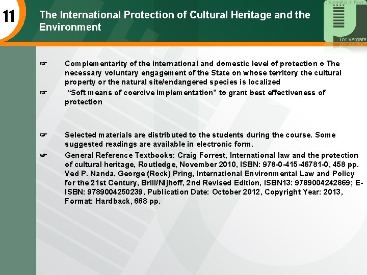 11 The International Protection of Cultural Heritage and the Environment ☞ ☞ Complementarity of