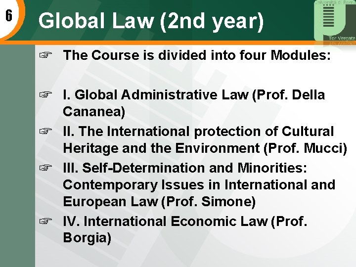 6 Global Law (2 nd year) ☞ The Course is divided into four Modules: