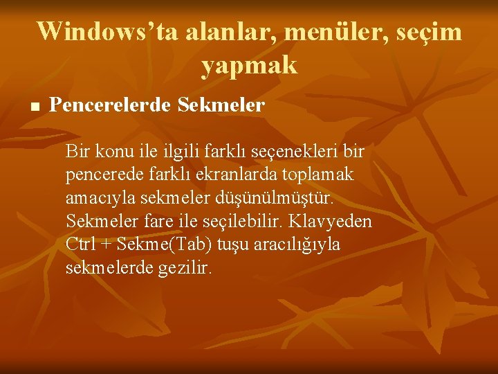 Windows’ta alanlar, menüler, seçim yapmak n Pencerelerde Sekmeler Bir konu ile ilgili farklı seçenekleri