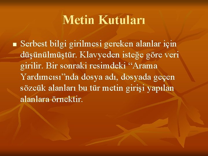 Metin Kutuları n Serbest bilgi girilmesi gereken alanlar için düşünülmüştür. Klavyeden isteğe göre veri