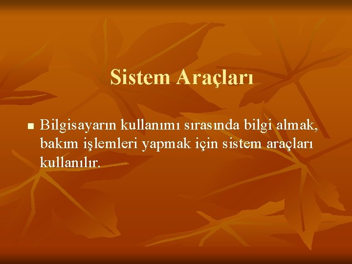 Sistem Araçları n Bilgisayarın kullanımı sırasında bilgi almak, bakım işlemleri yapmak için sistem araçları