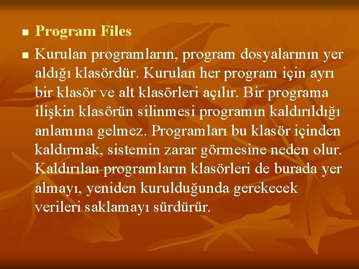 n n Program Files Kurulan programların, program dosyalarının yer aldığı klasördür. Kurulan her program