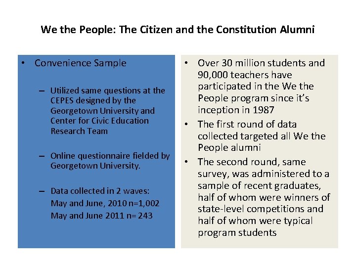 We the People: The Citizen and the Constitution Alumni • Convenience Sample – Utilized