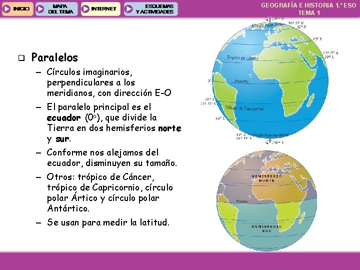 GEOGRAFÍA E HISTORIA 1. º ESO TEMA 1 q Paralelos – Círculos imaginarios, perpendiculares