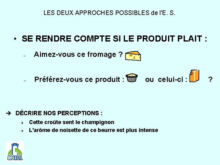 LES DEUX APPROCHES POSSIBLES de l'E. S. • SE RENDRE COMPTE SI LE PRODUIT