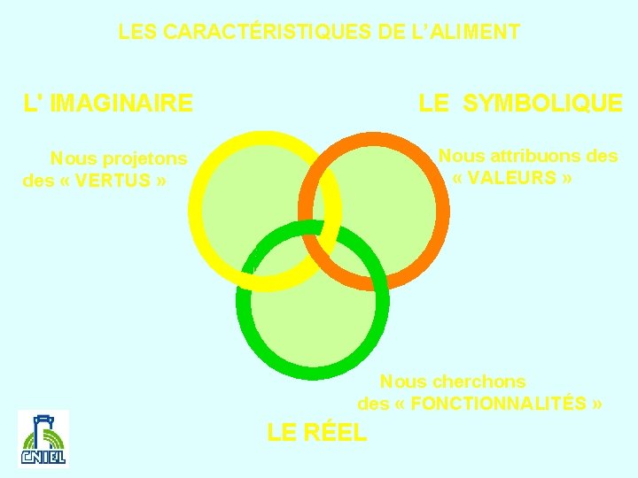 LES CARACTÉRISTIQUES DE L’ALIMENT L' IMAGINAIRE LE SYMBOLIQUE Nous attribuons des « VALEURS »