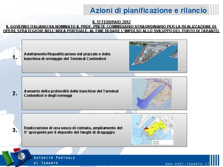 Azioni di pianificazione e rilancio IL 17 FEBBRAIO 2012 IL GOVERNO ITALIANO HA NOMINATO