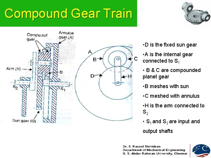 Compound Gear Train • D is the fixed sun gear • A is the