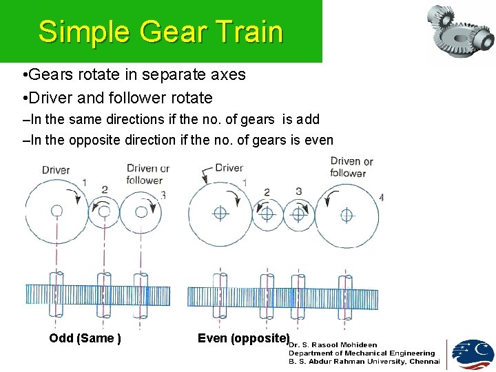 Simple Gear Train • Gears rotate in separate axes • Driver and follower rotate